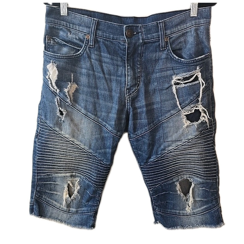 True Religion Geno Relaxed Slim Moto Mens Distressed Blue Jean Shorts Size 32
